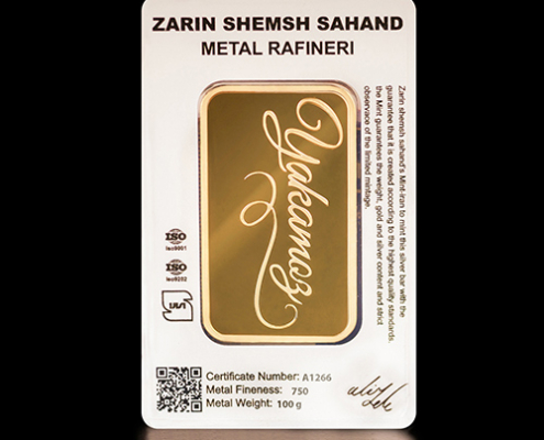 پشت بسته‌بندی شمش طلا ۱۰۰ گرمی زرین شمش